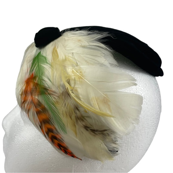 Vintage Flapper Casque Pheasant Feather Black Velvet Hat Cap Lace Lined La Vogue main image 4